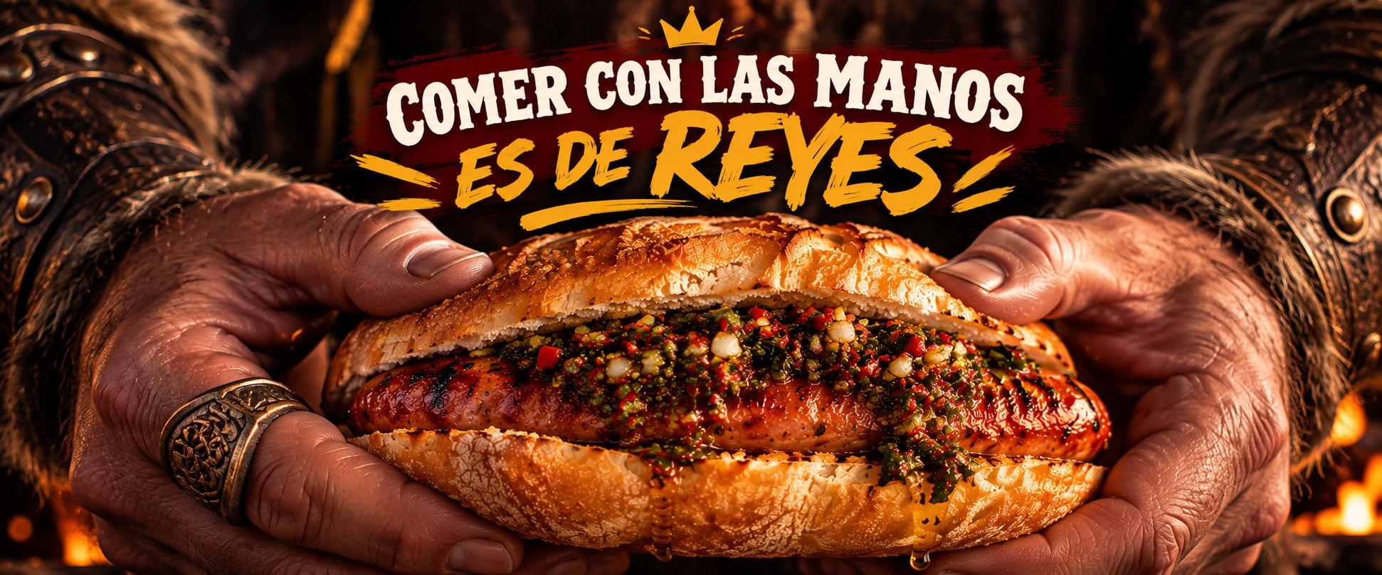 Comer con las manos es de reyes: dos manos de vikingo sostienen un choripán con chimichurri